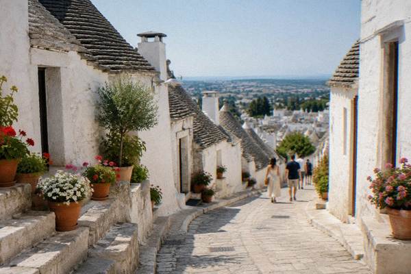 A small group wandering the circular whitewashed lanes of a hill town, flowerpots on the steps, Locorotondo, Puglia