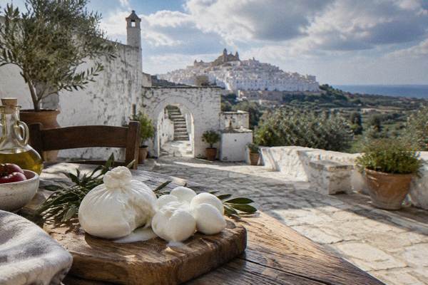 Fresh burrata and mozzarella on a wooden board on a farmhouse table, a whitewashed masseria courtyard behind, Ostuni, Puglia