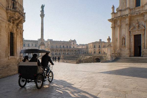 Three-wheeled rickshaw parked on a limestone street in Lecce