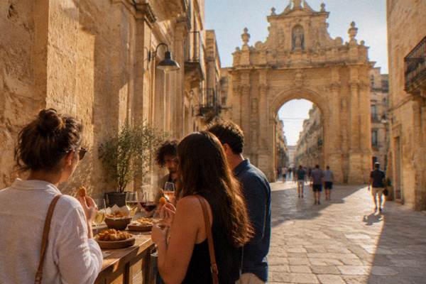 A small group tasting fried snacks and wine from a counter in an old town lane under a baroque gate, Porta Rudiae, Lecce