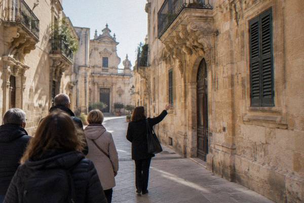 A guide leading a small group along a pedestrian lane between carved honey-coloured facades with ornate balconies, Centro Storico, Lecce
