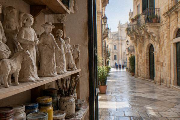 A shelf of unpainted papier-mache figures drying in a small studio beside pots of paint and brushes, Centro Storico, Lecce