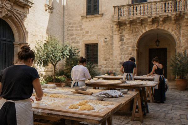 A small group making pasta at long tables in a fifteenth-century stone courtyard, flour on the boards, Centro Storico, Lecce
