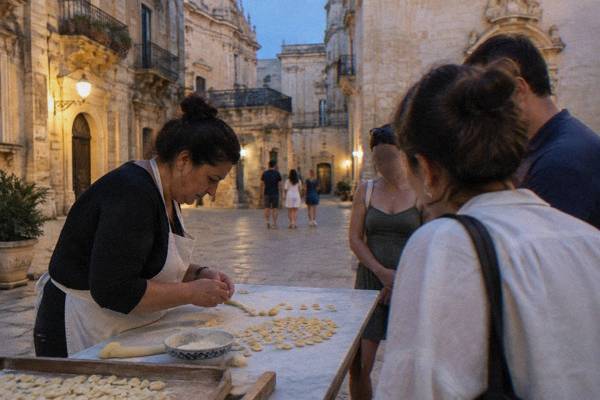 A cook shaping orecchiette for a small group gathered round a marble worktop, Centro Storico, Lecce