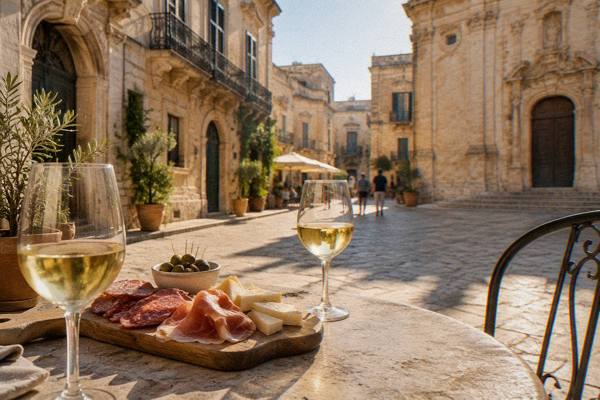 Wine glasses on a stone table in a vaulted courtyard room