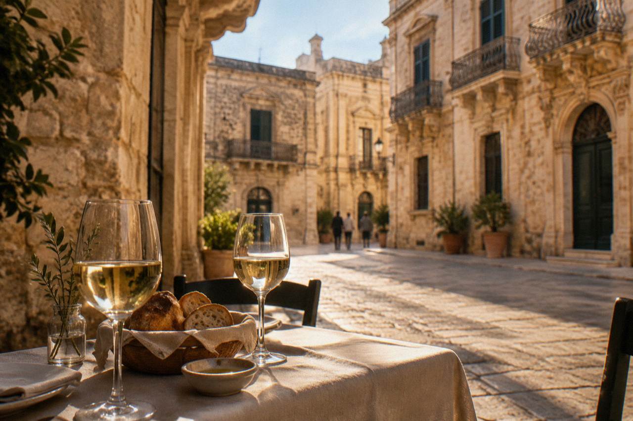 Evening table set with wine glasses and bread on a stone street in a southern Italian old town