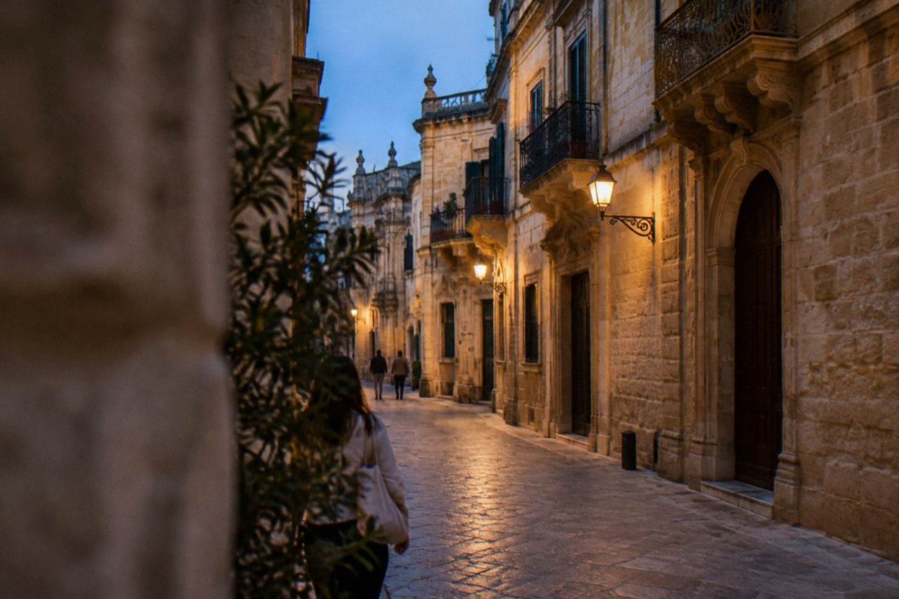 A quiet limestone street in Lecce's old town with baroque facades in warm evening light