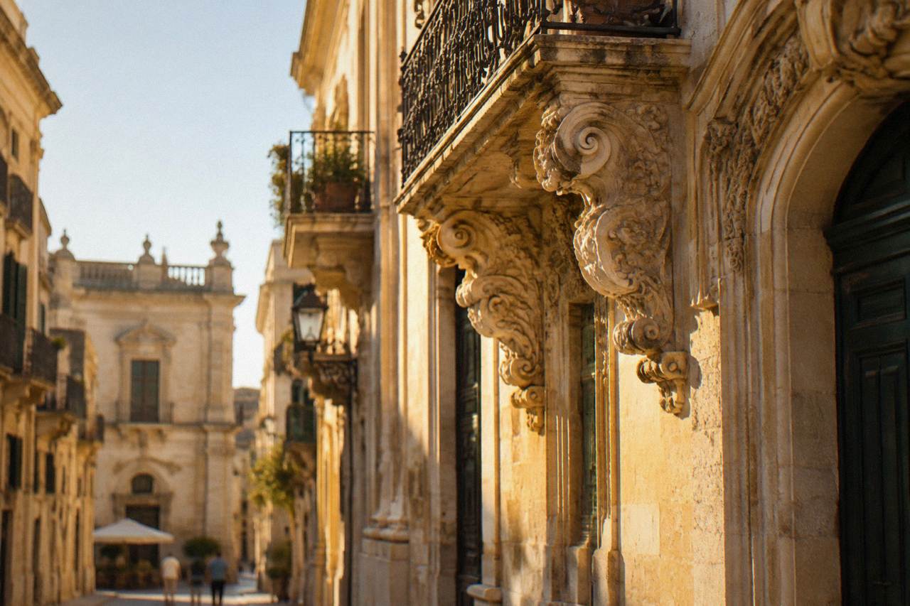 A sunlit baroque limestone facade in Lecce with ornate carved decoration