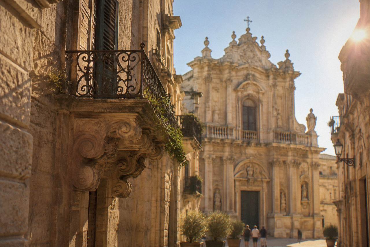 Golden baroque church facade in Lecce's old town under a clear sky