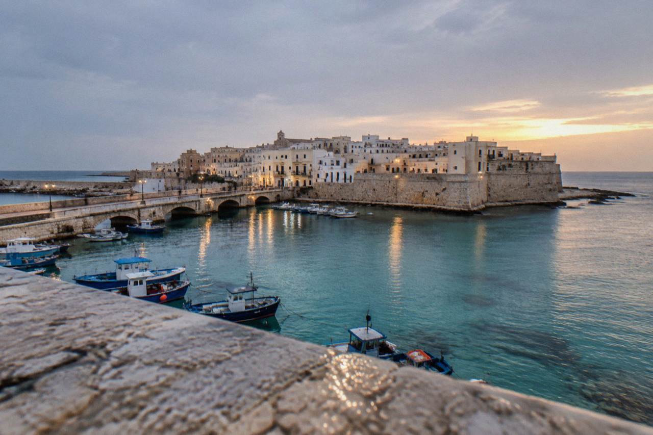 Evening view over the limestone old town of Gallipoli with the sea on either side