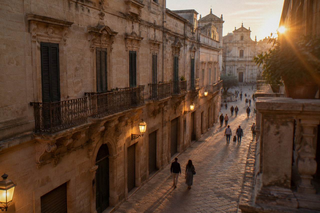 A lamplit limestone street in an old southern Italian town at dusk, with people strolling past closed shutters and baroque facades.