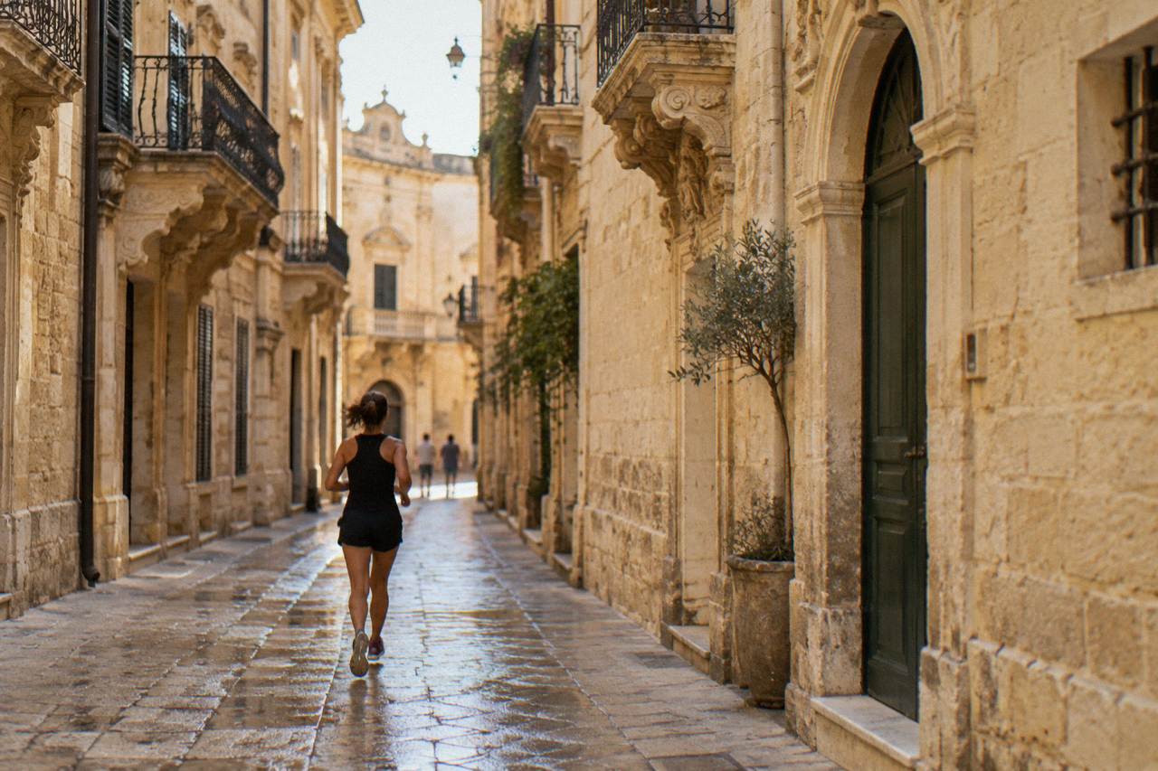 A narrow lane in Lecce's old town lined with honey-coloured baroque buildings