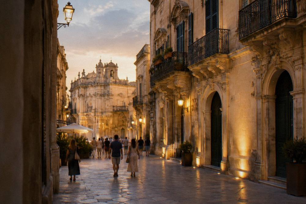 An evening street in Lecce with lit baroque facades and people strolling