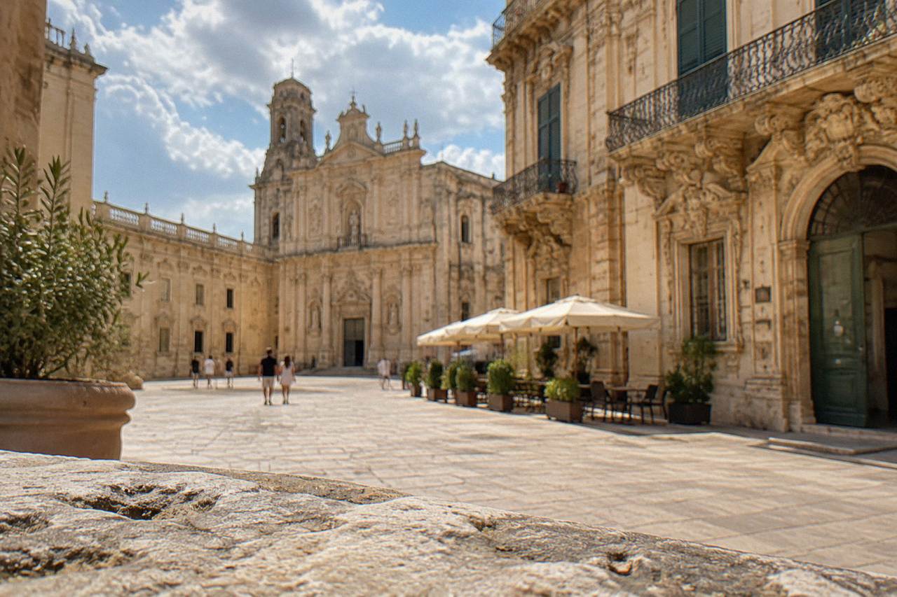 A sunlit square in Lecce with baroque limestone facades and ornate carved detailing