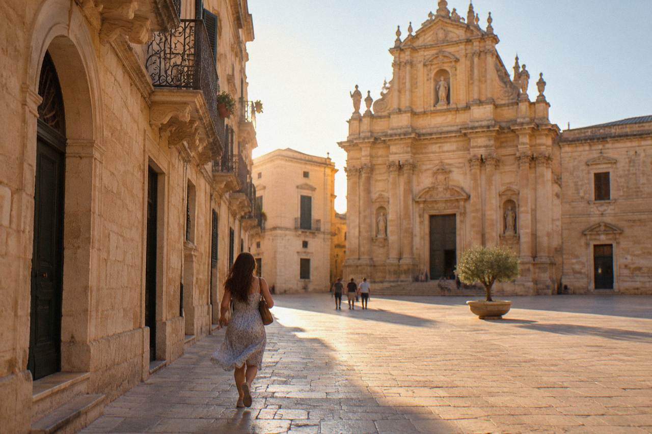 A golden limestone piazza in Lecce with a ornate baroque church facade glowing in evening light