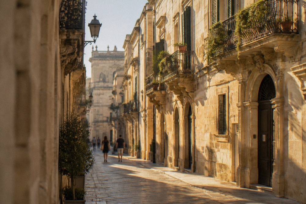 A narrow Lecce street of golden stone buildings with carved balconies in late afternoon sun