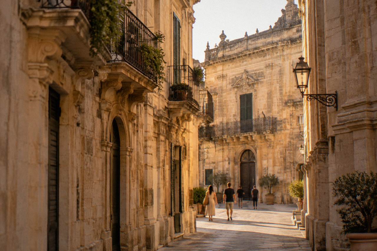 Golden baroque facades of Lecce's old town under warm afternoon light