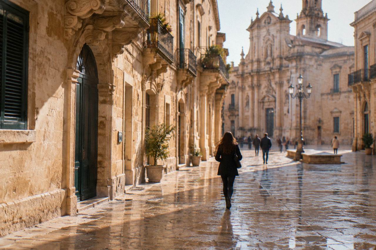 A sunlit baroque square in Lecce with honey-coloured stone facades and a few people walking