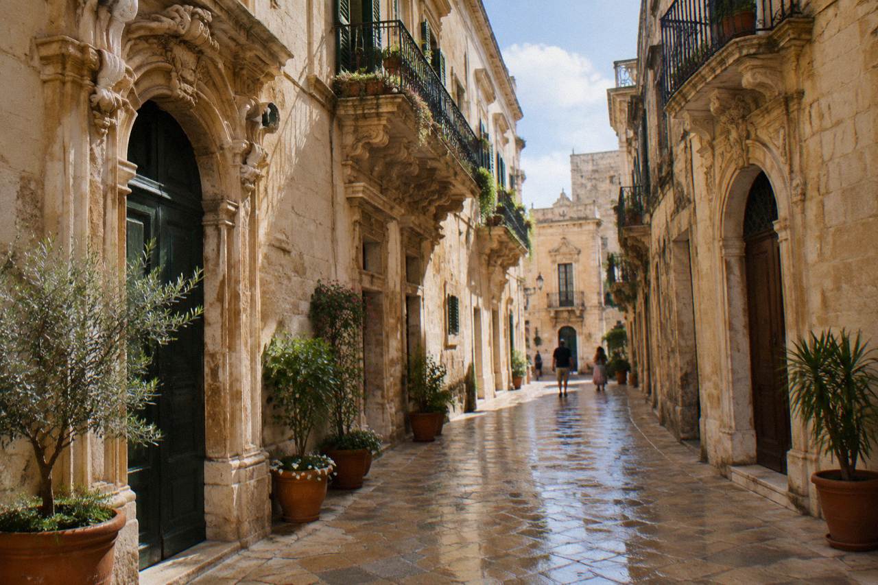 A narrow golden stone street in Lecce's old town with carved baroque doorways and potted plants