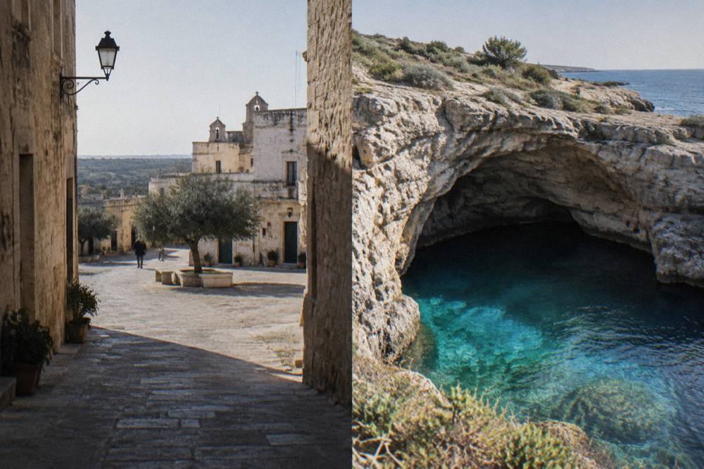 Turquoise water filling a limestone sea cave on the Salento coast