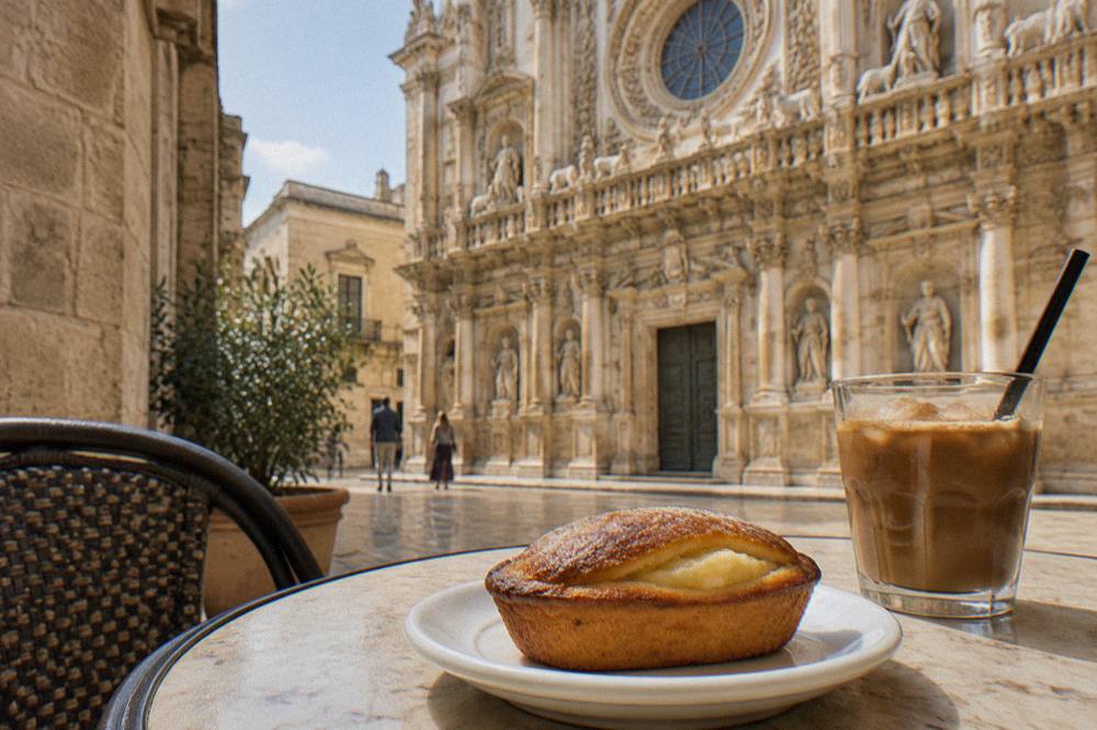 A freshly baked pasticciotto pastry filled with custard resting on a small cafe plate beside a cup of iced coffee