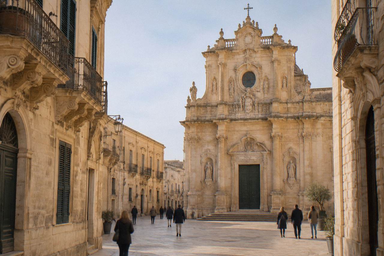 A golden limestone church facade with ornate baroque carvings in bright sunlight in Lecce