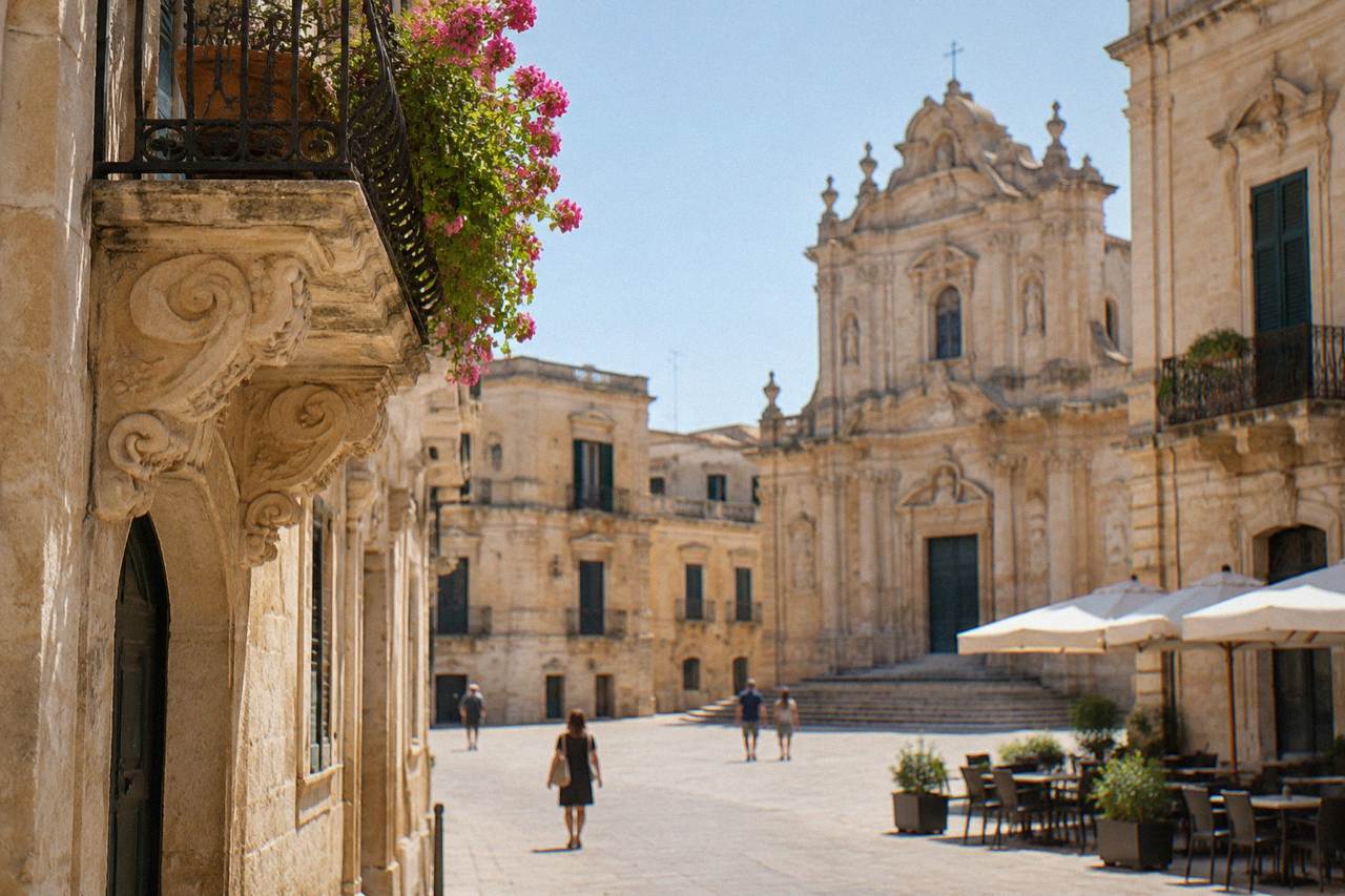 A honey-coloured baroque square in Lecce under a clear summer sky