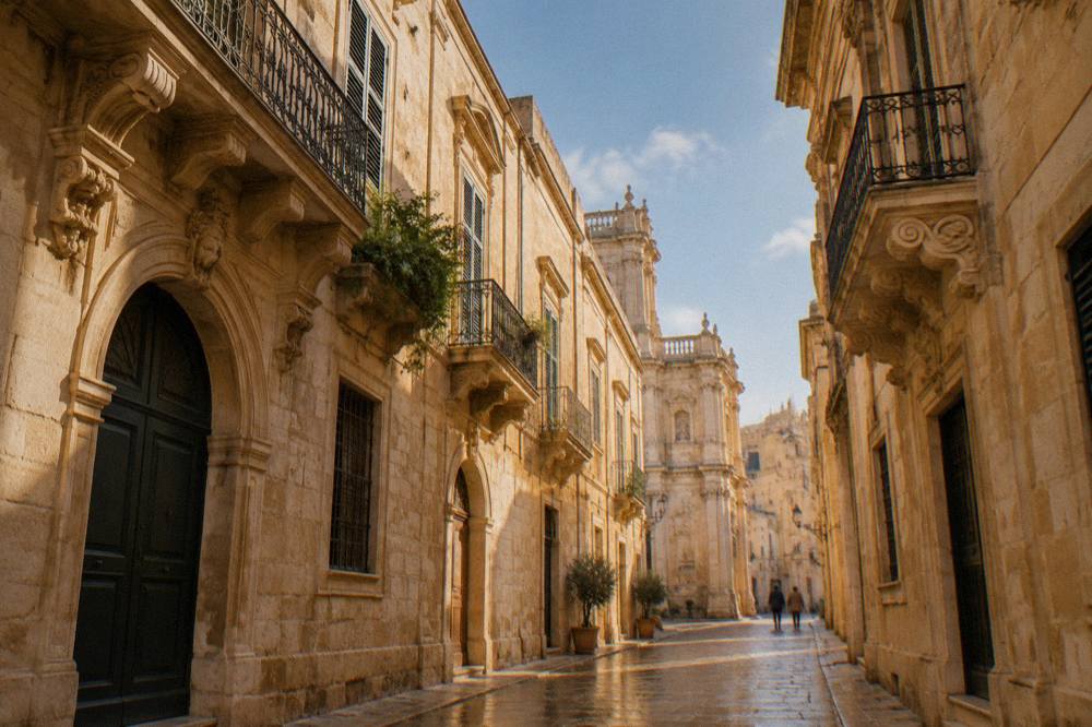 A quiet Lecce street in golden late-afternoon light with baroque facades