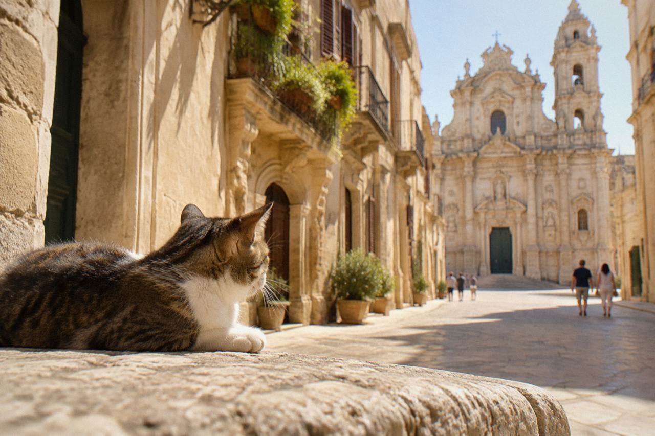 Golden baroque church facades carved from pale limestone along a sunlit street in Lecce