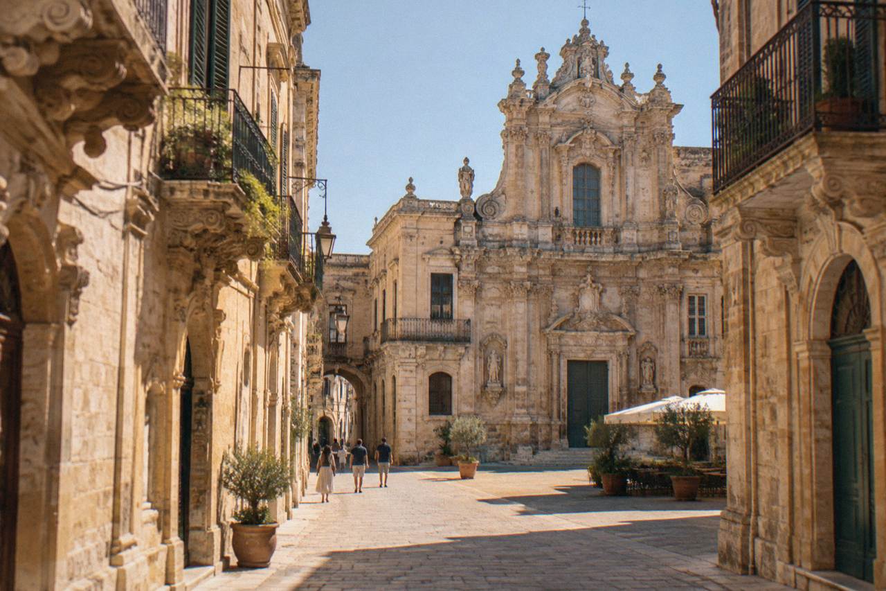 Golden baroque facade in Lecce's old town under a clear sky