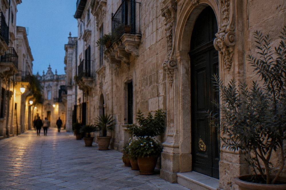 Narrow limestone street in Lecce with carved doorway and potted plants