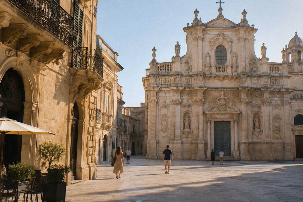 Sunlit square in Lecce with an ornate baroque church facade carved in pale limestone
