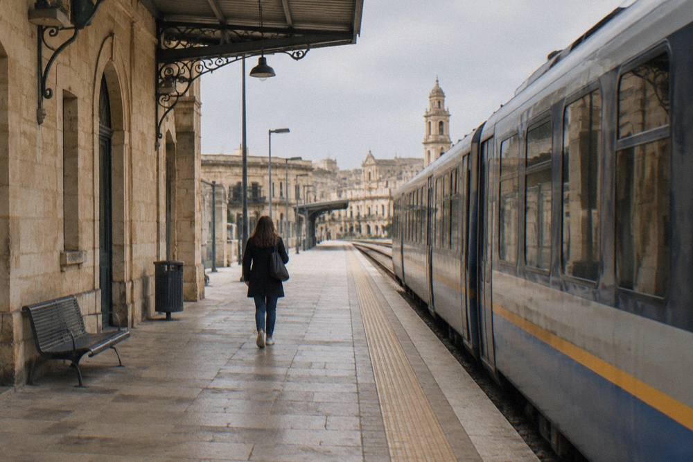 Regional train waiting at a platform in a southern Italian railway station