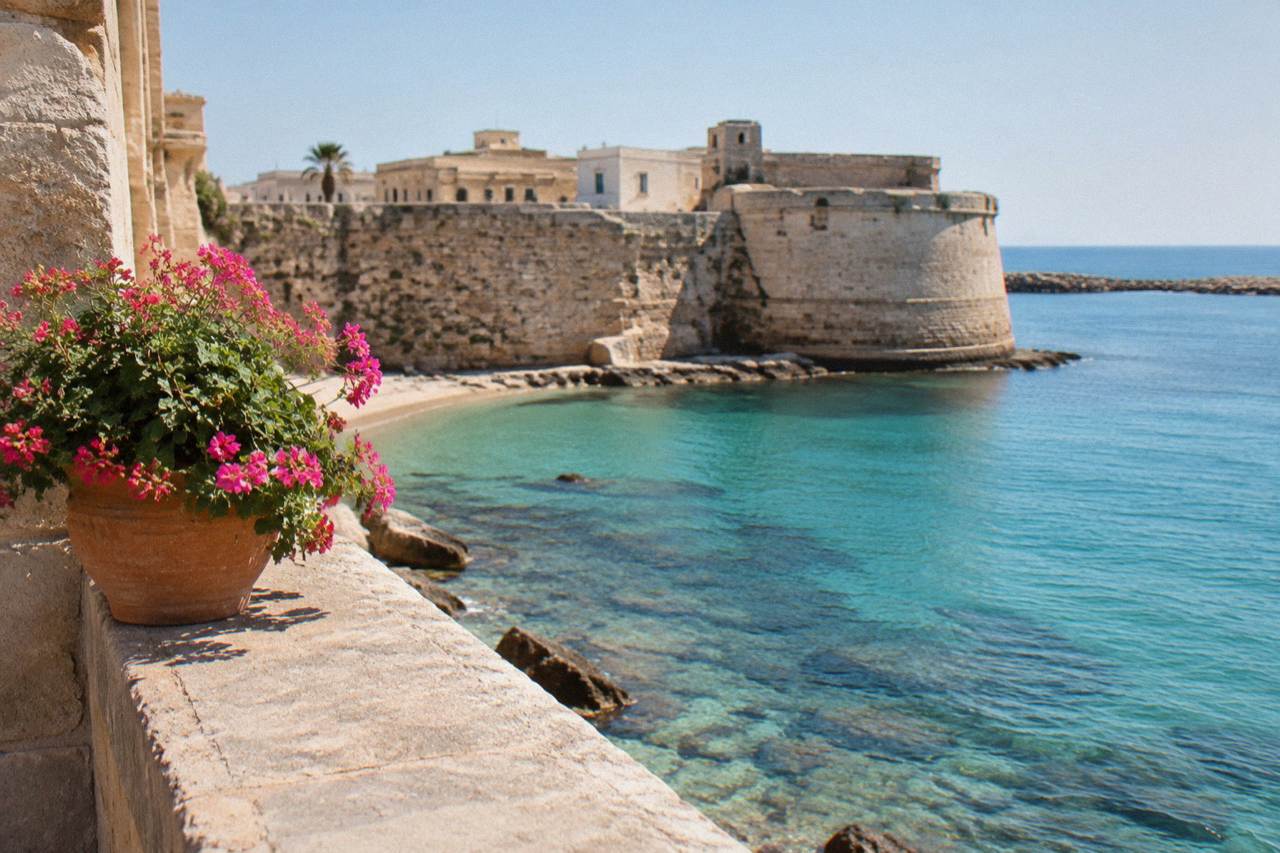 Otranto's seafront with the Aragonese castle walls above clear turquoise water