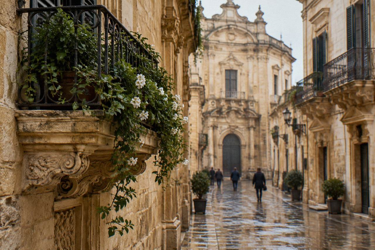 Lecce baroque limestone facade glowing in warm afternoon light