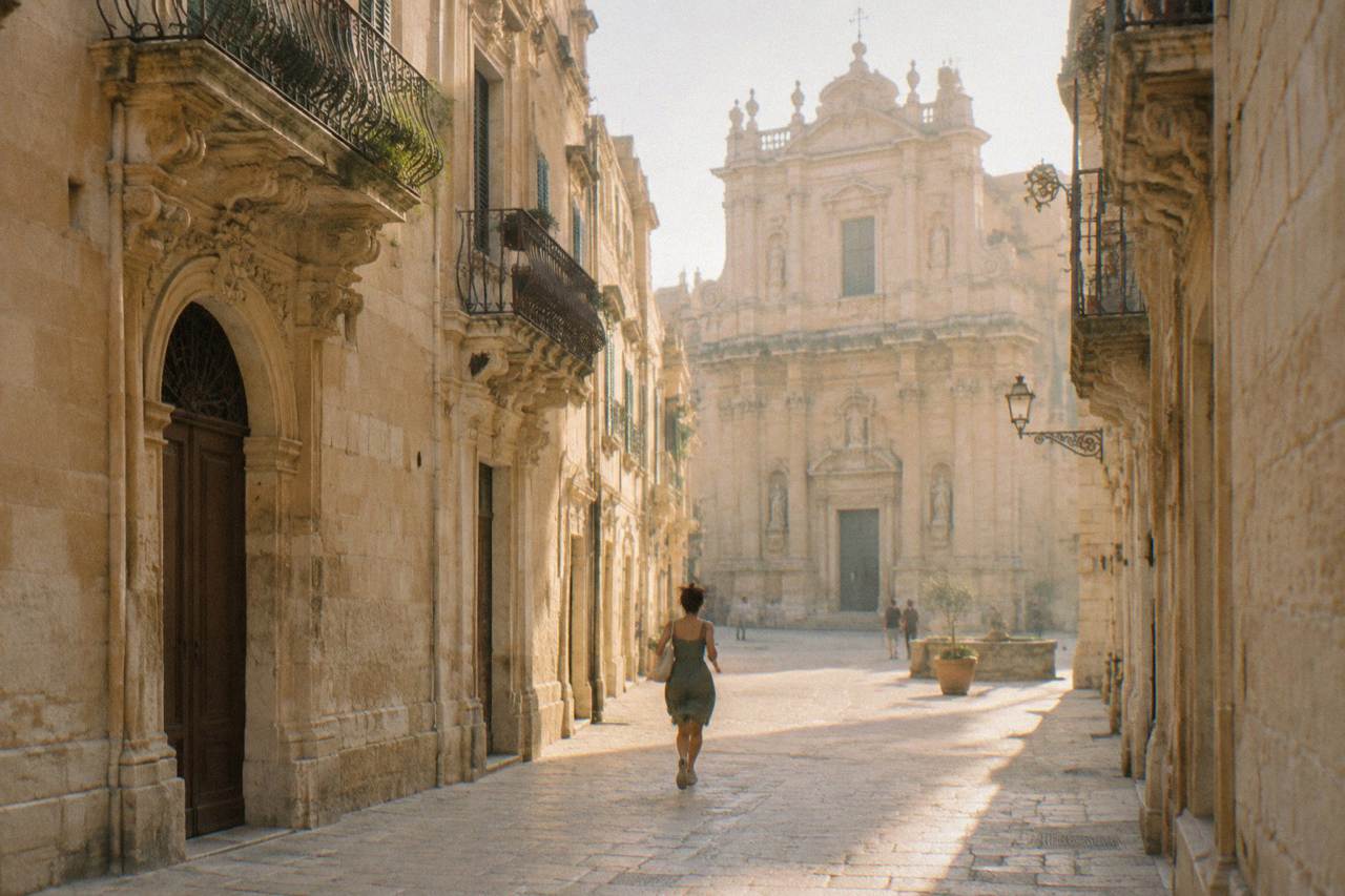 A honey-coloured baroque church facade in Lecce's old town lit by evening sun