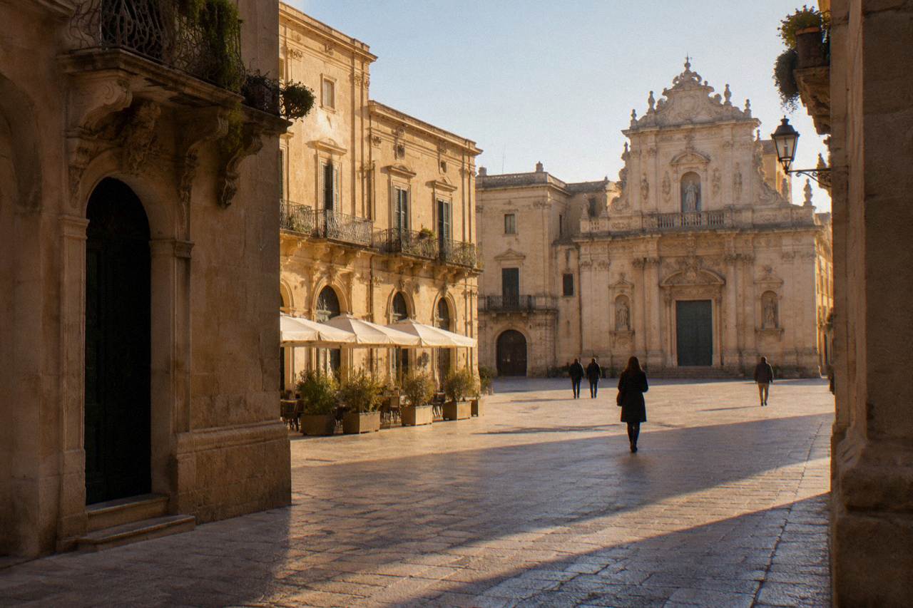 A honey-coloured baroque square in Lecce's old town under warm evening light