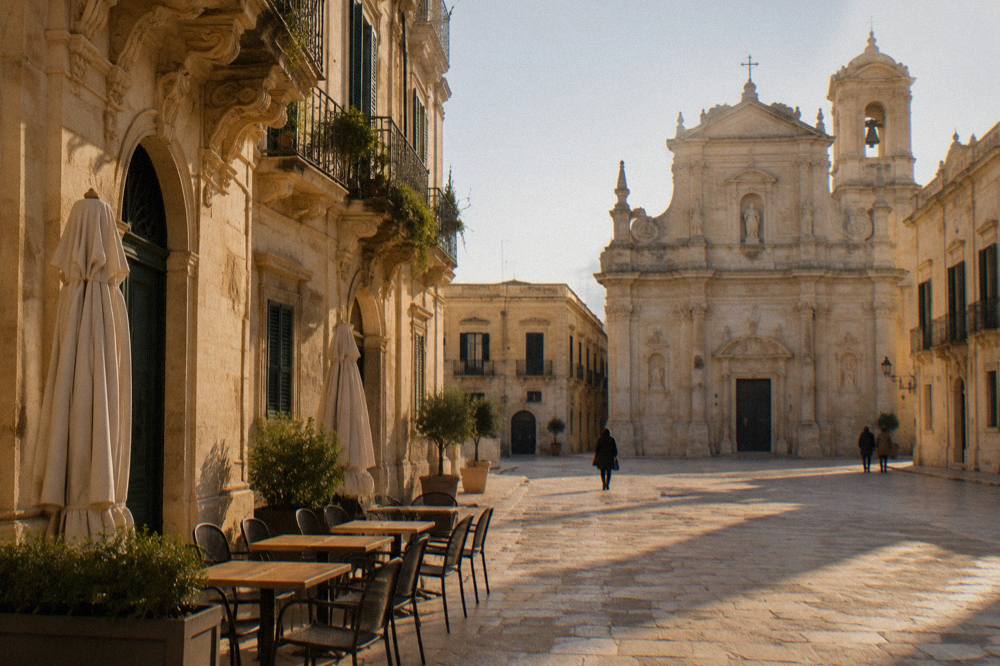 A quiet Lecce square in winter, cafe tables empty and church facades in pale limestone.
