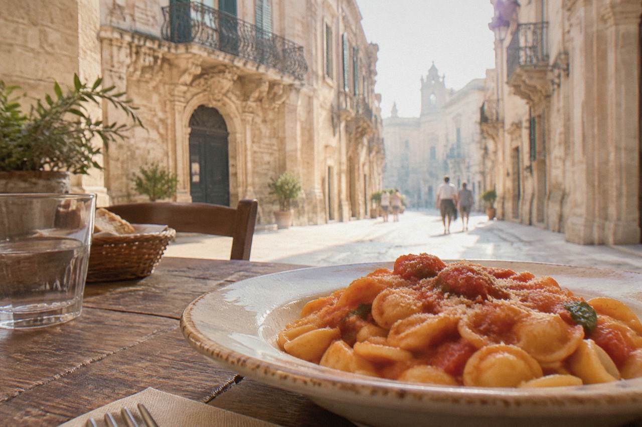 A plate of orecchiette pasta with tomato sauce on a rustic table in a Lecce dining room