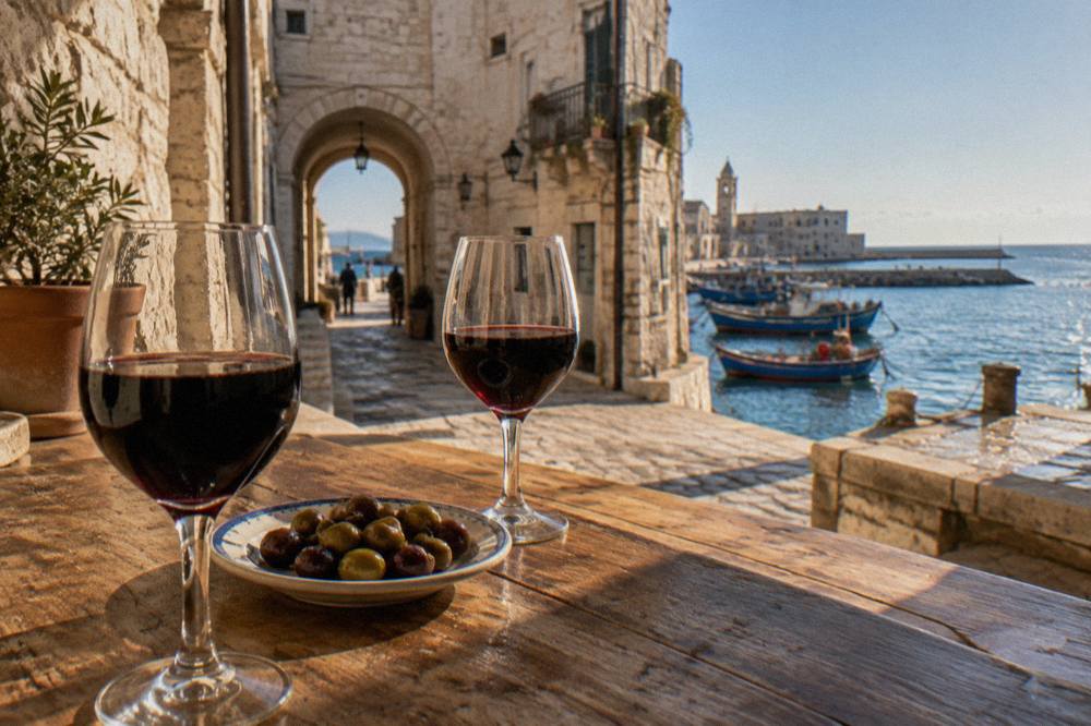 Two glasses of dark Negroamaro red wine on a wooden counter beside a plate of olives