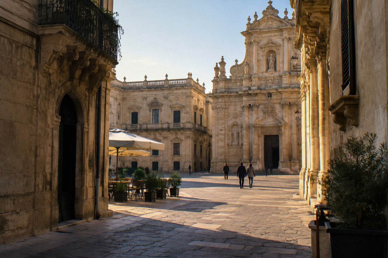 A honey-coloured baroque square in Lecce with carved limestone facades in evening light