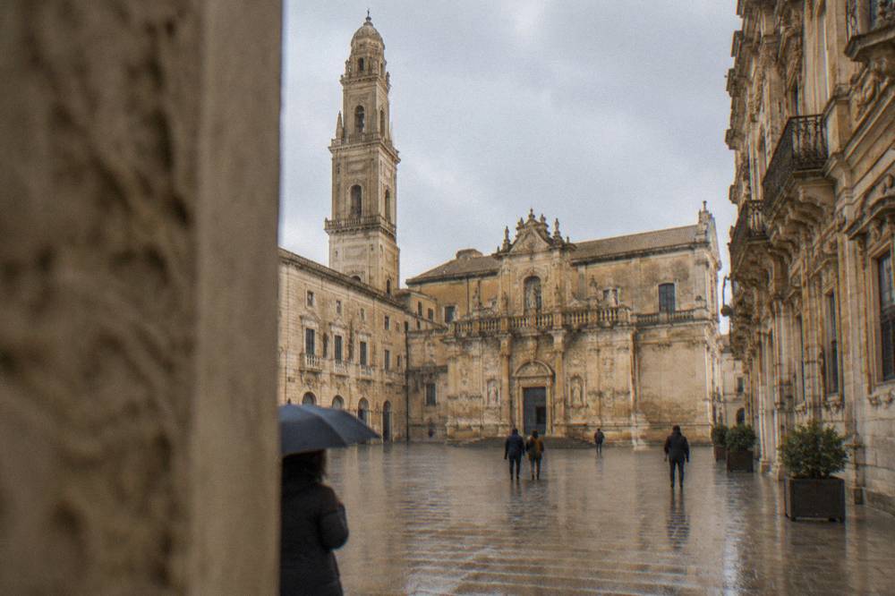 The enclosed Piazza del Duomo in Lecce with the cathedral and its bell tower