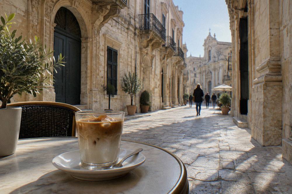 An iced espresso with almond milk served on a cafe table in Lecce