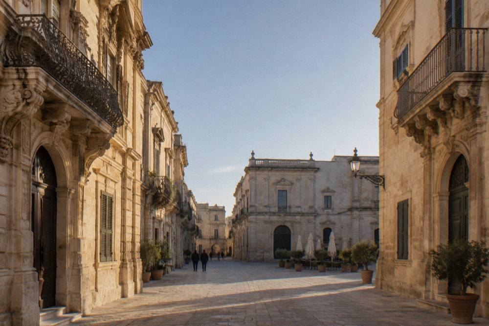 Evening light on pale stone buildings in a Lecce street