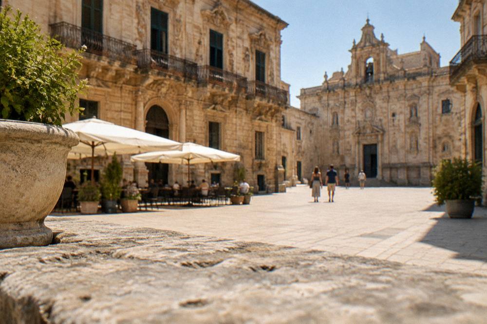 A sunlit square with baroque stone facades in the late afternoon