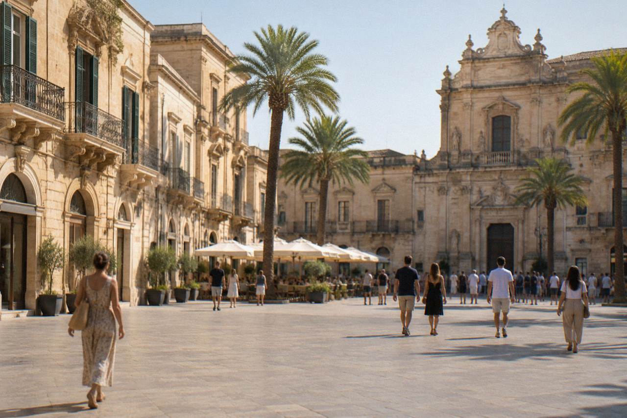 A wide modern square in Lecce with shopfronts, palm trees and people walking in the early evening