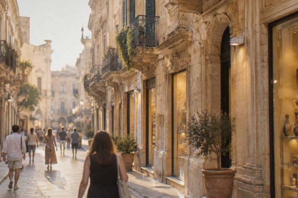 People strolling along a shopping street in Lecce at golden hour with lit shop windows