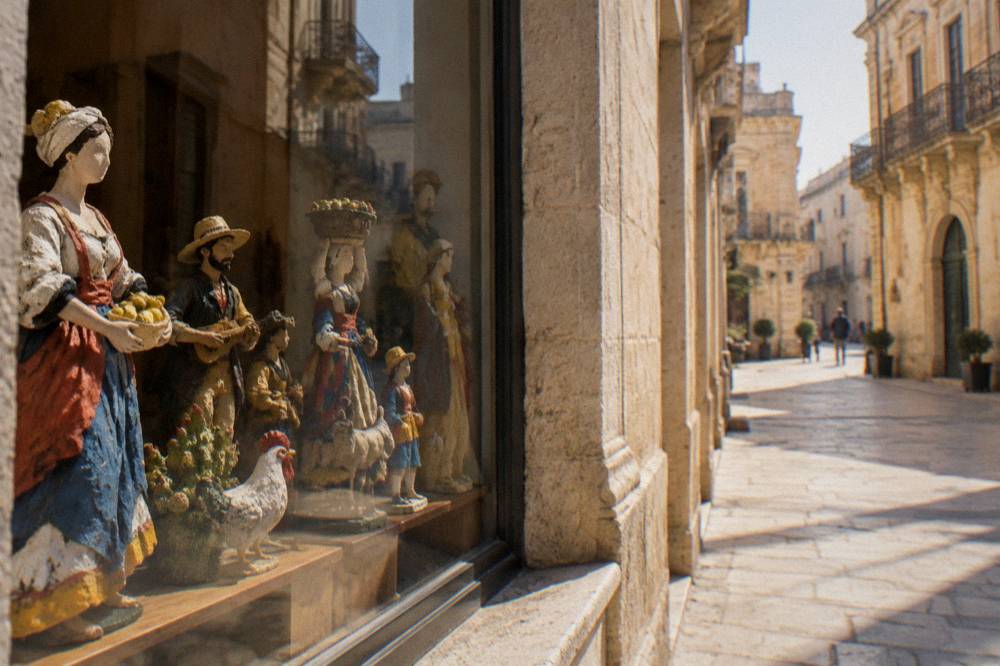 A window display of handmade papier-mache figures in a Lecce workshop