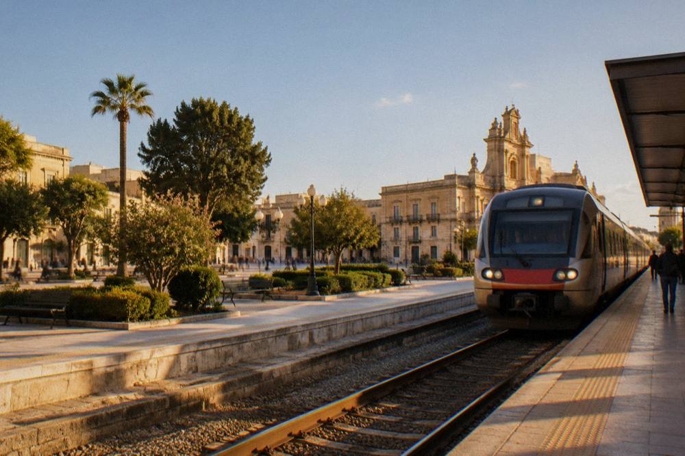 A train pulling into a southern Italian station platform in late afternoon light