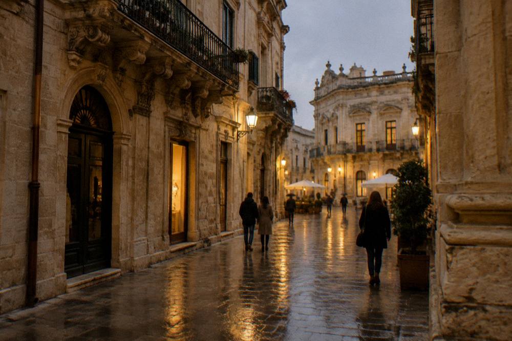 Lecce city street at dusk with lit windows and people on an evening stroll